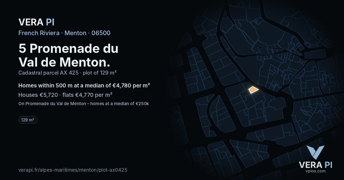 5 Promenade du Val de Menton, Menton at night – the plot lit, the parcels around coloured by the prices near them
