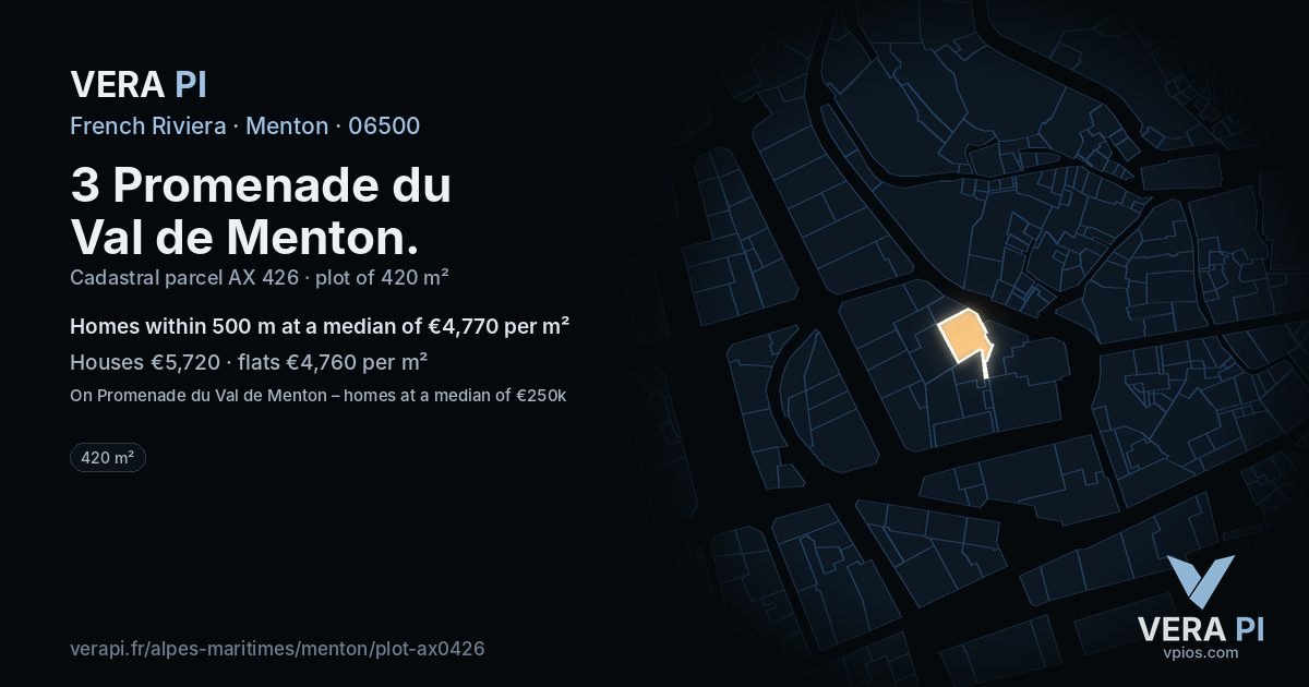 3 Promenade du Val de Menton, Menton at night – the plot lit, the parcels around coloured by the prices near them