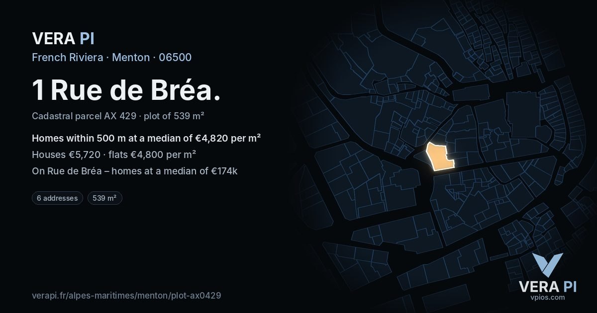 1 Rue de Bréa, Menton at night – the plot lit, the parcels around coloured by the prices near them