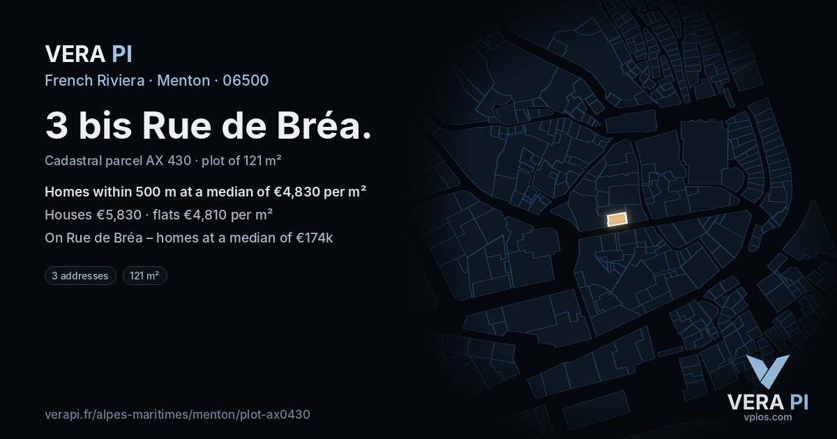 3 bis Rue de Bréa, Menton at night – the plot lit, the parcels around coloured by the prices near them