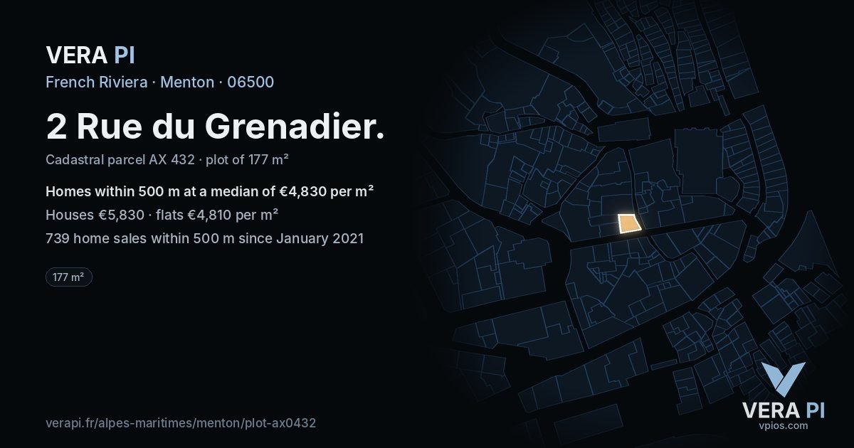 2 Rue du Grenadier, Menton at night – the plot lit, the parcels around coloured by the prices near them