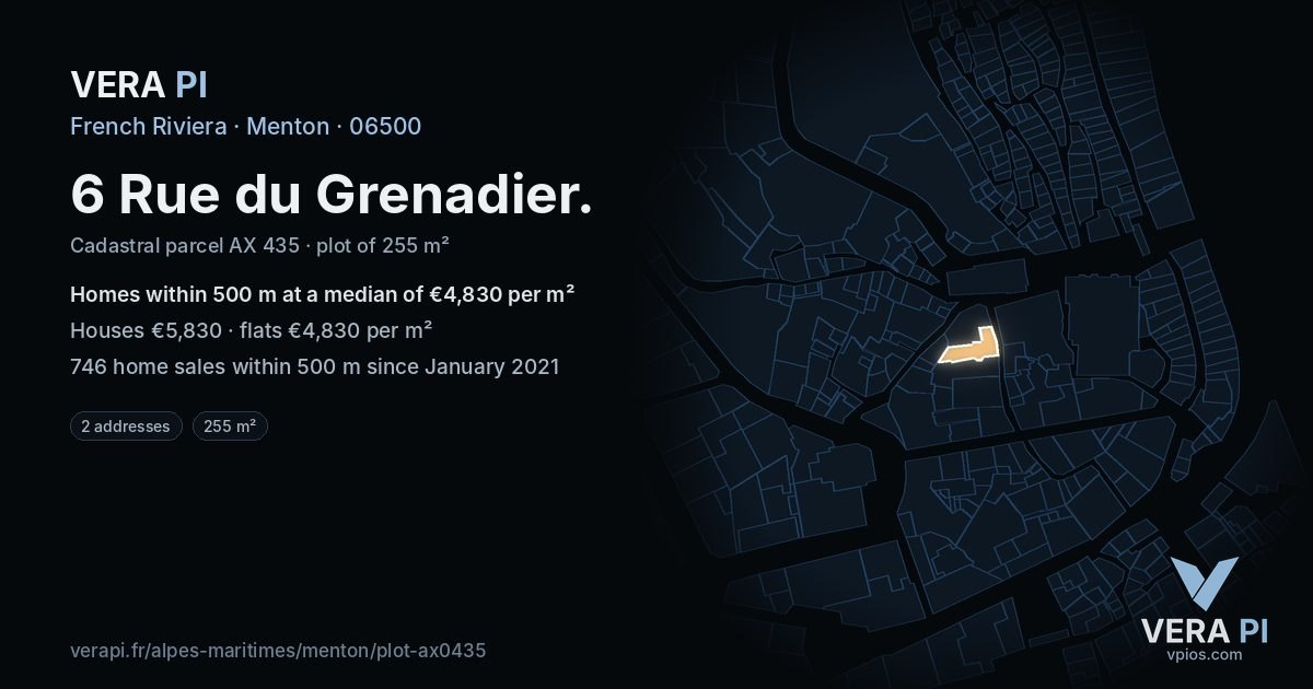 6 Rue du Grenadier, Menton at night – the plot lit, the parcels around coloured by the prices near them
