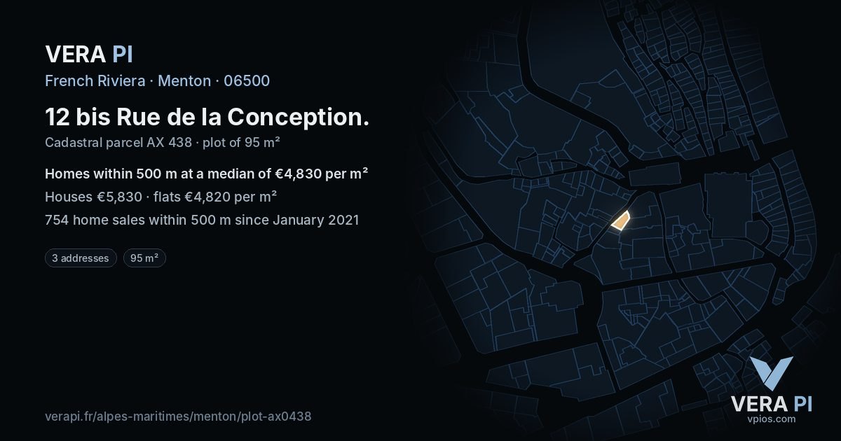 12 bis Rue de la Conception, Menton at night – the plot lit, the parcels around coloured by the prices near them