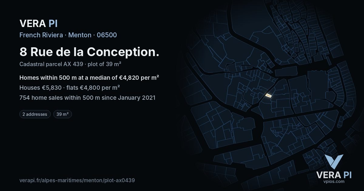 8 Rue de la Conception, Menton at night – the plot lit, the parcels around coloured by the prices near them