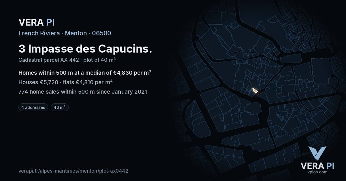 3 Impasse des Capucins, Menton at night – the plot lit, the parcels around coloured by the prices near them