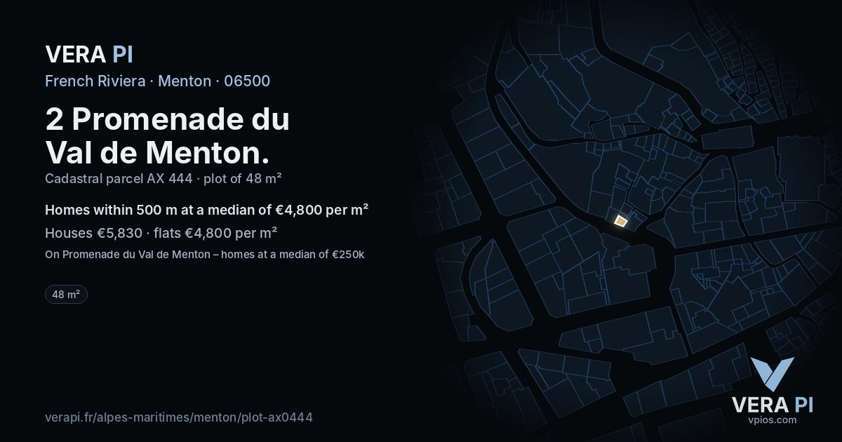 2 Promenade du Val de Menton, Menton at night – the plot lit, the parcels around coloured by the prices near them