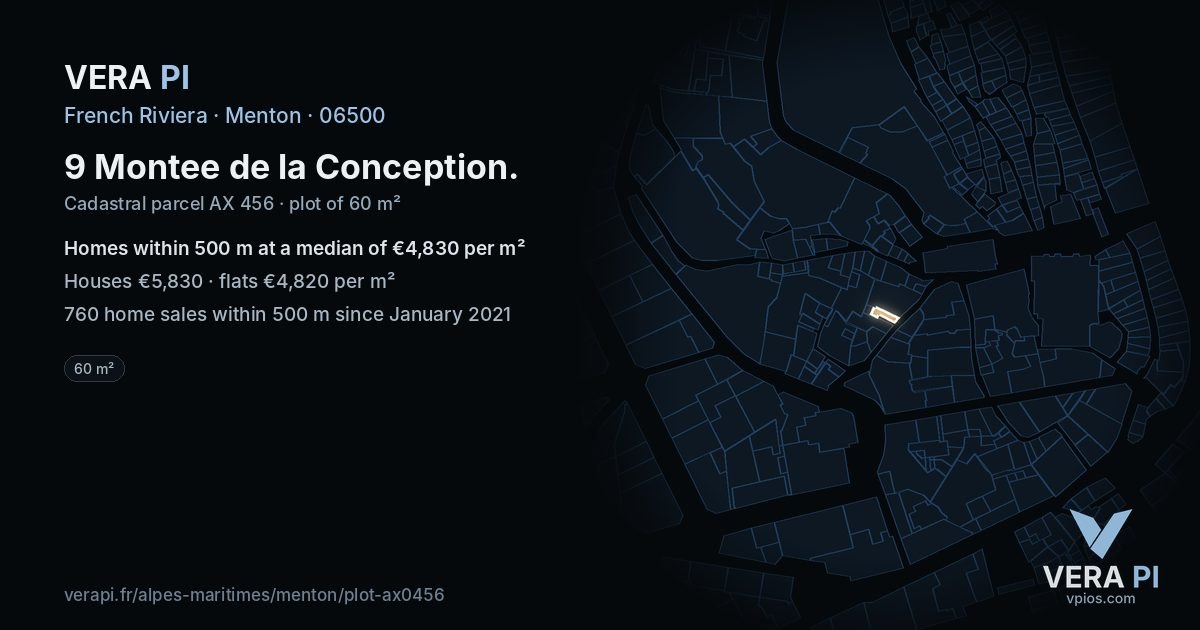 9 Montee de la Conception, Menton at night – the plot lit, the parcels around coloured by the prices near them