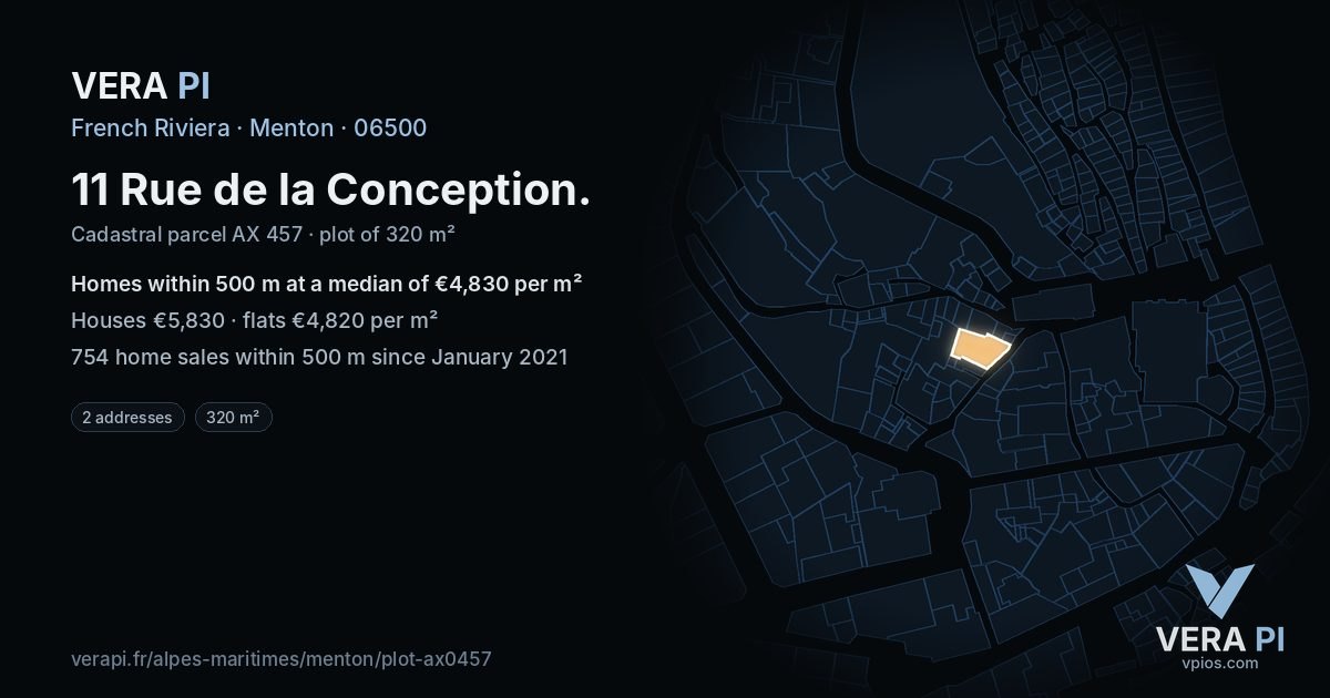 11 Rue de la Conception, Menton at night – the plot lit, the parcels around coloured by the prices near them