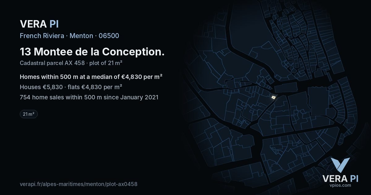 13 Montee de la Conception, Menton at night – the plot lit, the parcels around coloured by the prices near them