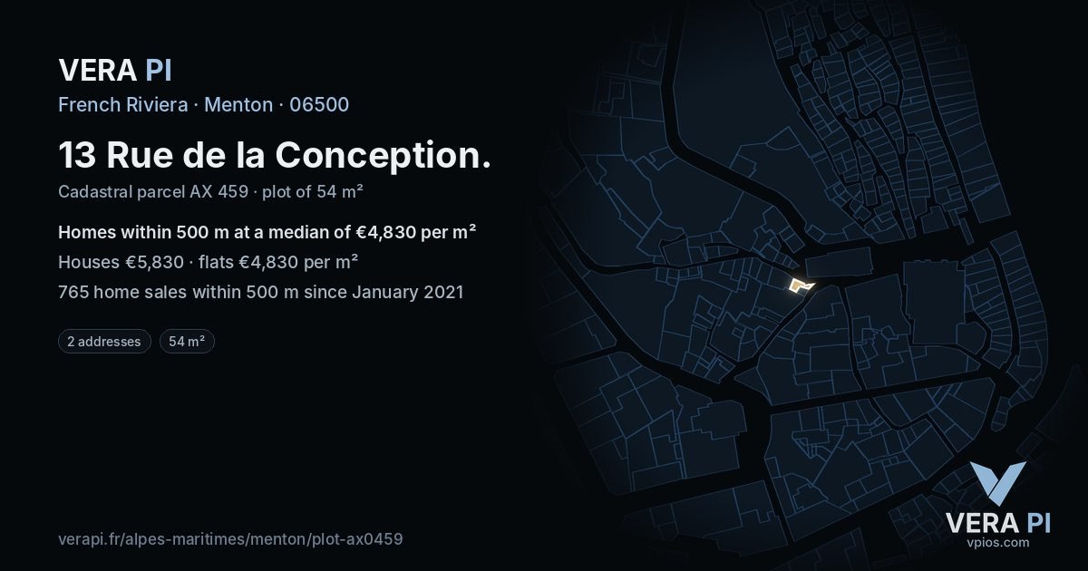 13 Rue de la Conception, Menton at night – the plot lit, the parcels around coloured by the prices near them