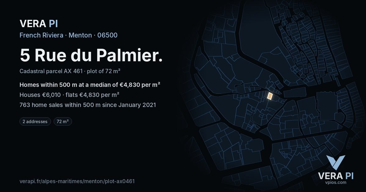 5 Rue du Palmier, Menton at night – the plot lit, the parcels around coloured by the prices near them