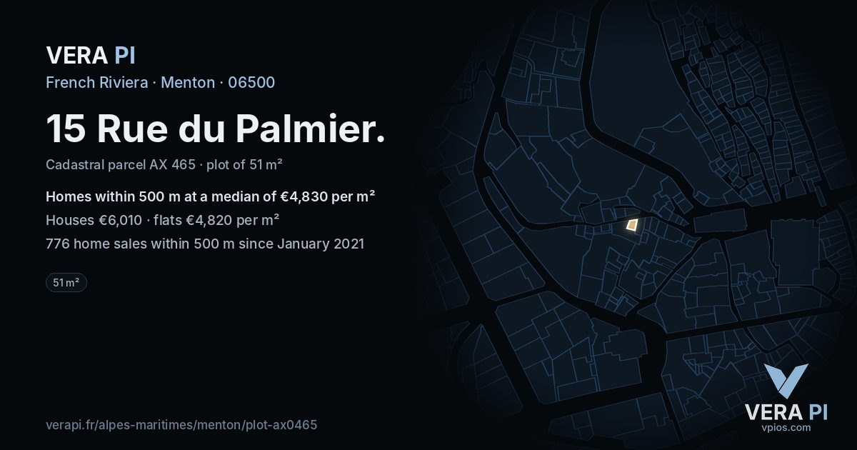 15 Rue du Palmier, Menton at night – the plot lit, the parcels around coloured by the prices near them