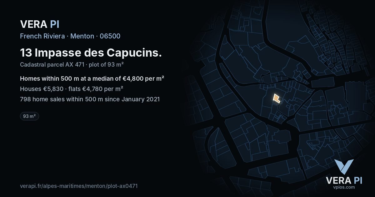 13 Impasse des Capucins, Menton at night – the plot lit, the parcels around coloured by the prices near them
