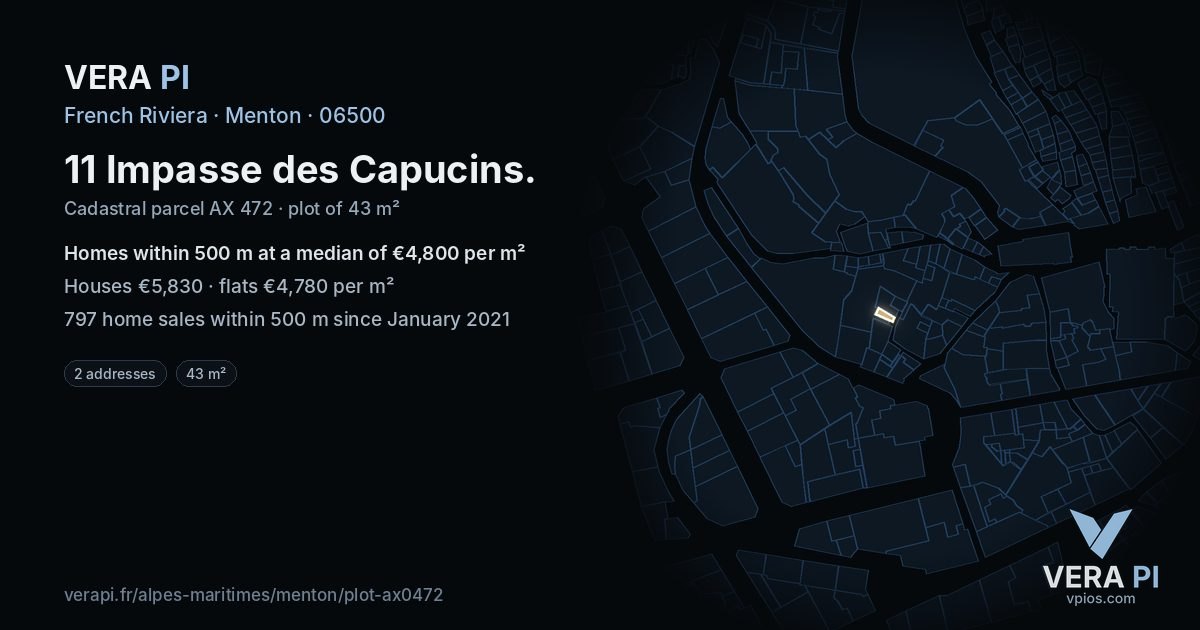 11 Impasse des Capucins, Menton at night – the plot lit, the parcels around coloured by the prices near them