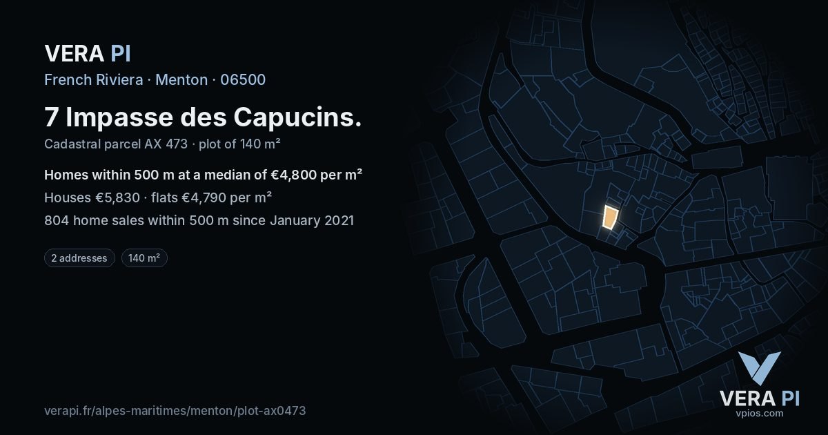 7 Impasse des Capucins, Menton at night – the plot lit, the parcels around coloured by the prices near them