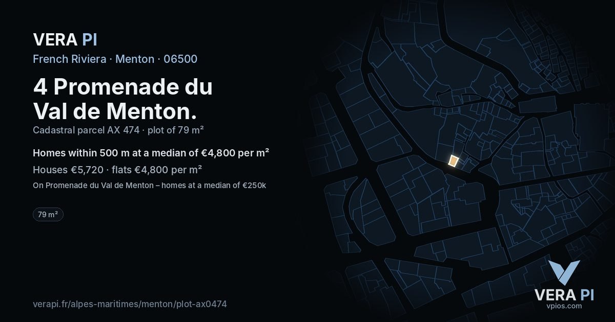 4 Promenade du Val de Menton, Menton at night – the plot lit, the parcels around coloured by the prices near them