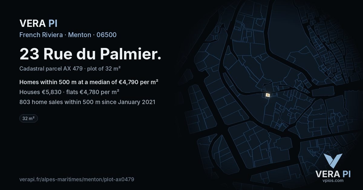 23 Rue du Palmier, Menton at night – the plot lit, the parcels around coloured by the prices near them
