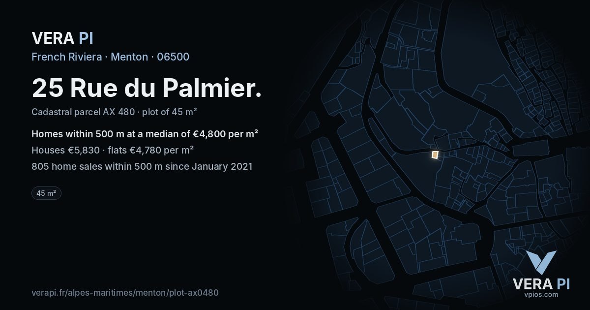 25 Rue du Palmier, Menton at night – the plot lit, the parcels around coloured by the prices near them
