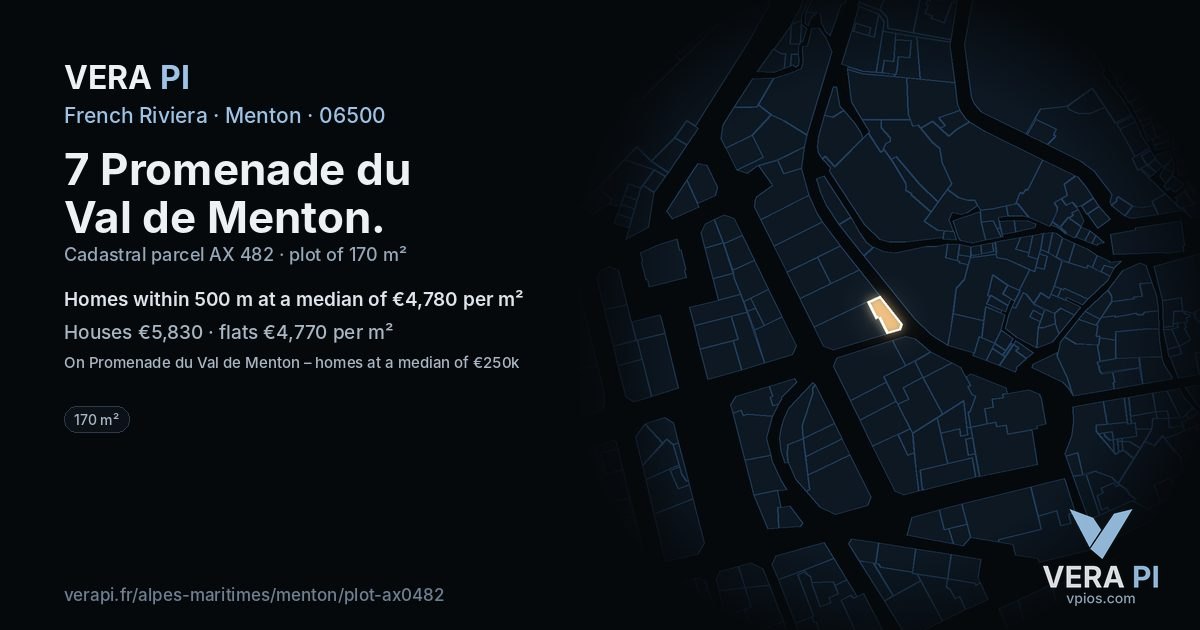 7 Promenade du Val de Menton, Menton at night – the plot lit, the parcels around coloured by the prices near them
