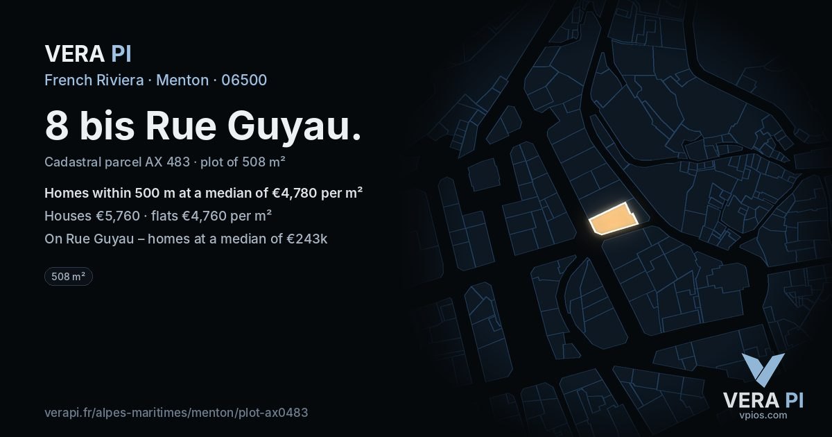 8 bis Rue Guyau, Menton at night – the plot lit, the parcels around coloured by the prices near them