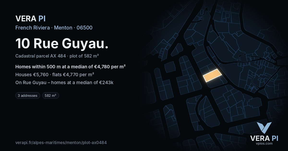 10 Rue Guyau, Menton at night – the plot lit, the parcels around coloured by the prices near them