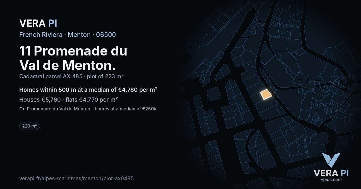 11 Promenade du Val de Menton, Menton at night – the plot lit, the parcels around coloured by the prices near them
