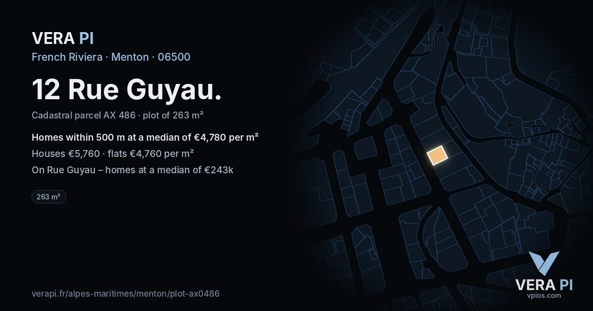 12 Rue Guyau, Menton at night – the plot lit, the parcels around coloured by the prices near them