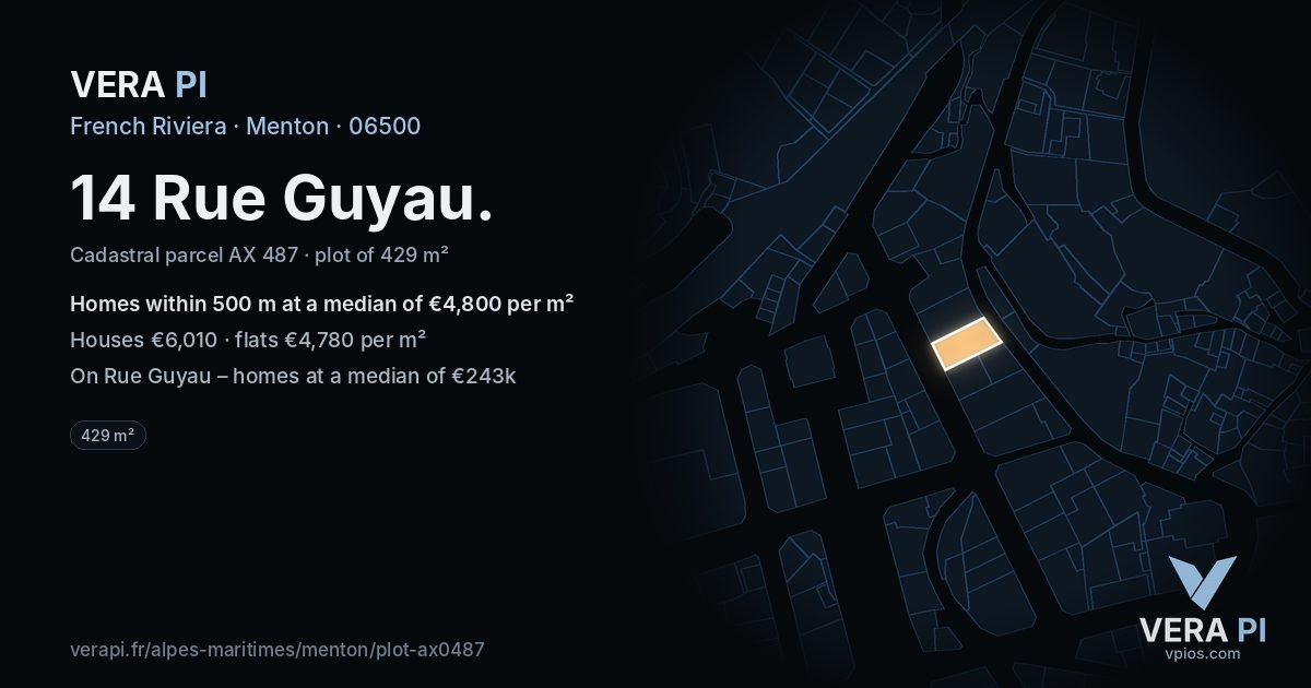 14 Rue Guyau, Menton at night – the plot lit, the parcels around coloured by the prices near them