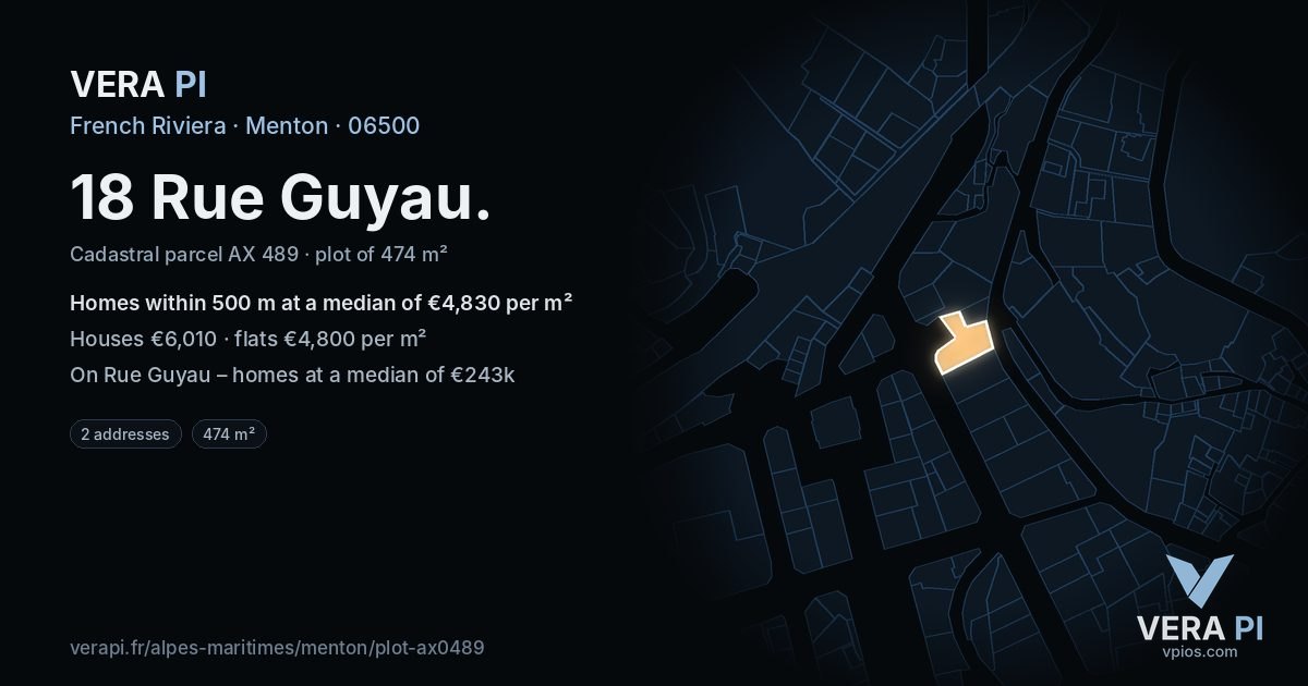 18 Rue Guyau, Menton at night – the plot lit, the parcels around coloured by the prices near them