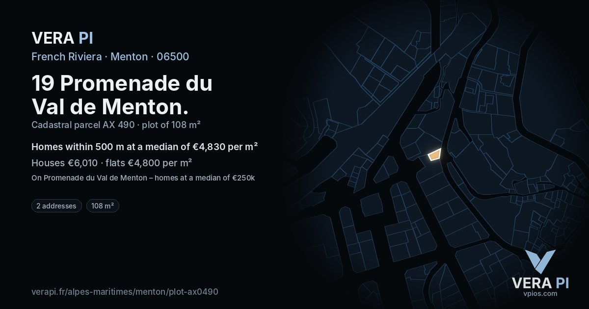 19 Promenade du Val de Menton, Menton at night – the plot lit, the parcels around coloured by the prices near them