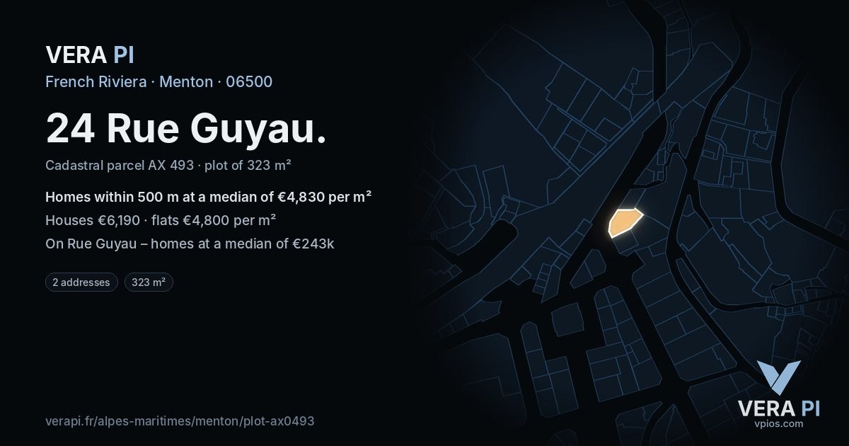 24 Rue Guyau, Menton at night – the plot lit, the parcels around coloured by the prices near them