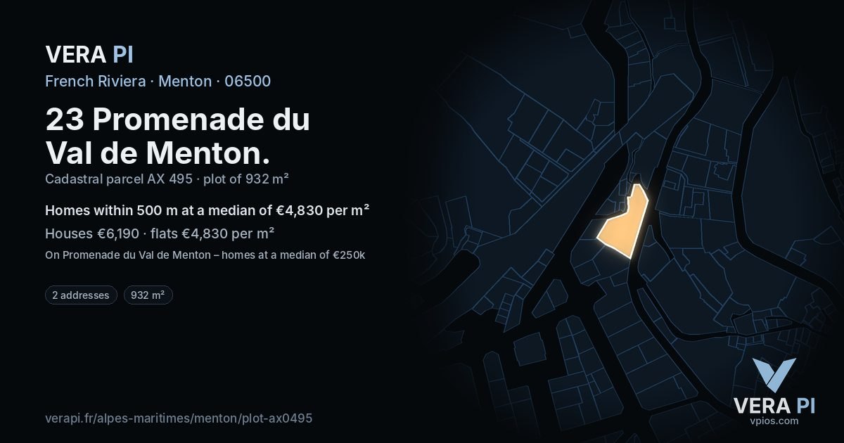 23 Promenade du Val de Menton, Menton at night – the plot lit, the parcels around coloured by the prices near them