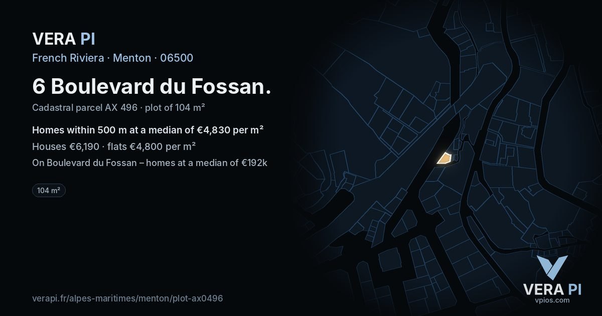 6 Boulevard du Fossan, Menton at night – the plot lit, the parcels around coloured by the prices near them