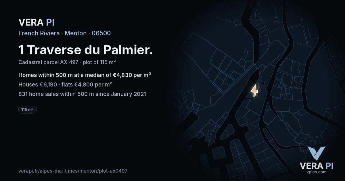 1 Traverse du Palmier, Menton at night – the plot lit, the parcels around coloured by the prices near them