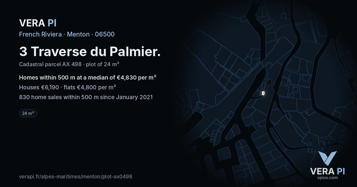 3 Traverse du Palmier, Menton at night – the plot lit, the parcels around coloured by the prices near them