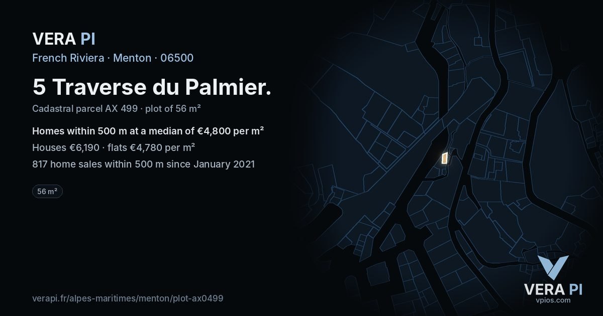 5 Traverse du Palmier, Menton at night – the plot lit, the parcels around coloured by the prices near them