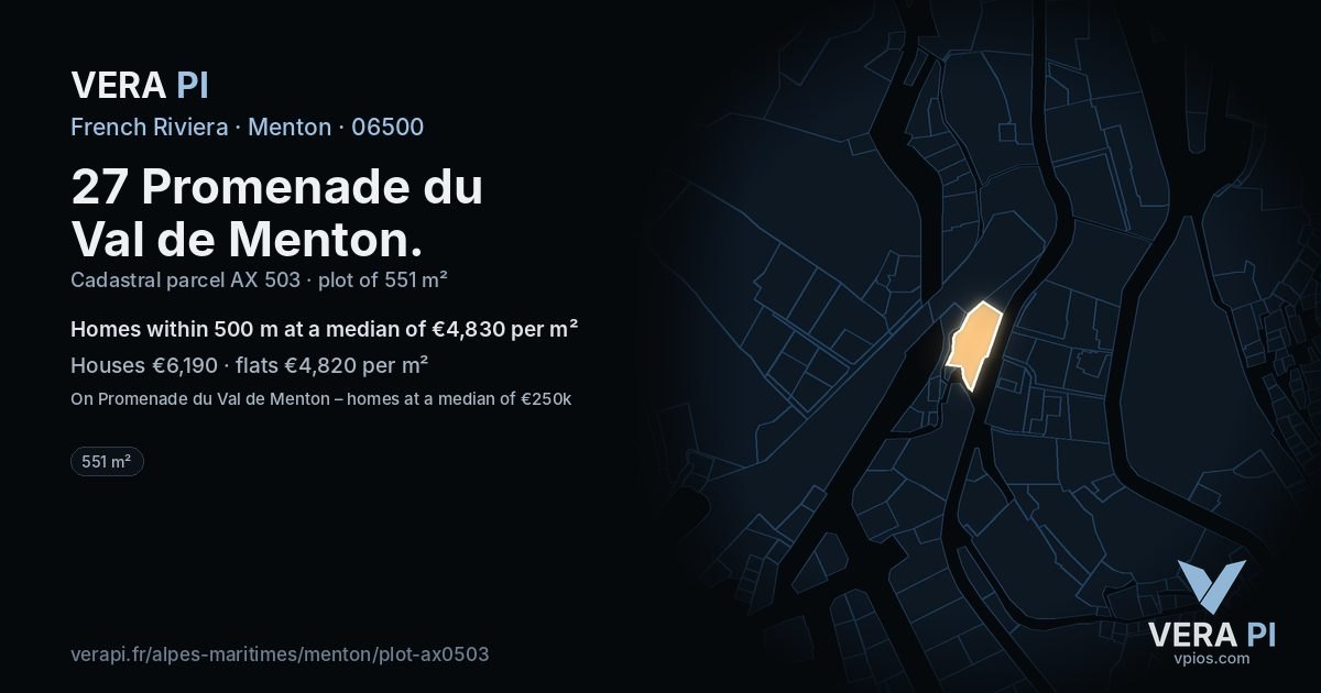 27 Promenade du Val de Menton, Menton at night – the plot lit, the parcels around coloured by the prices near them