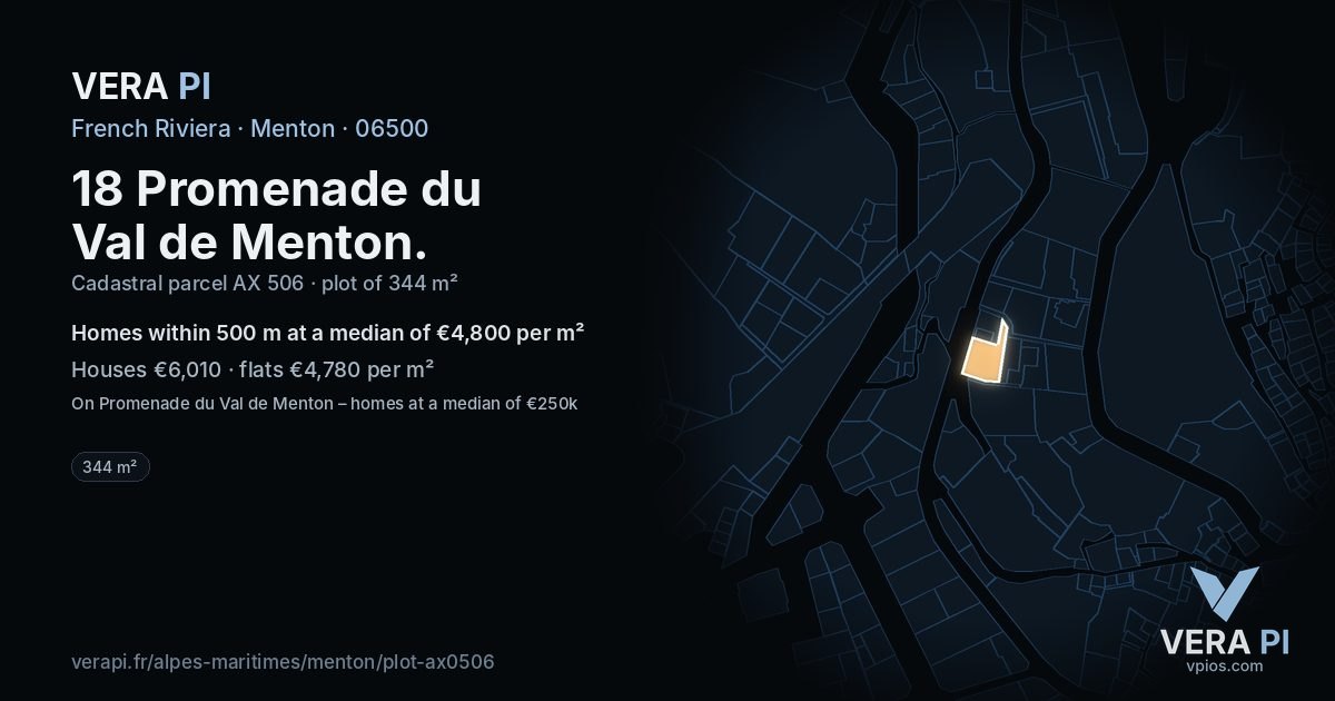 18 Promenade du Val de Menton, Menton at night – the plot lit, the parcels around coloured by the prices near them