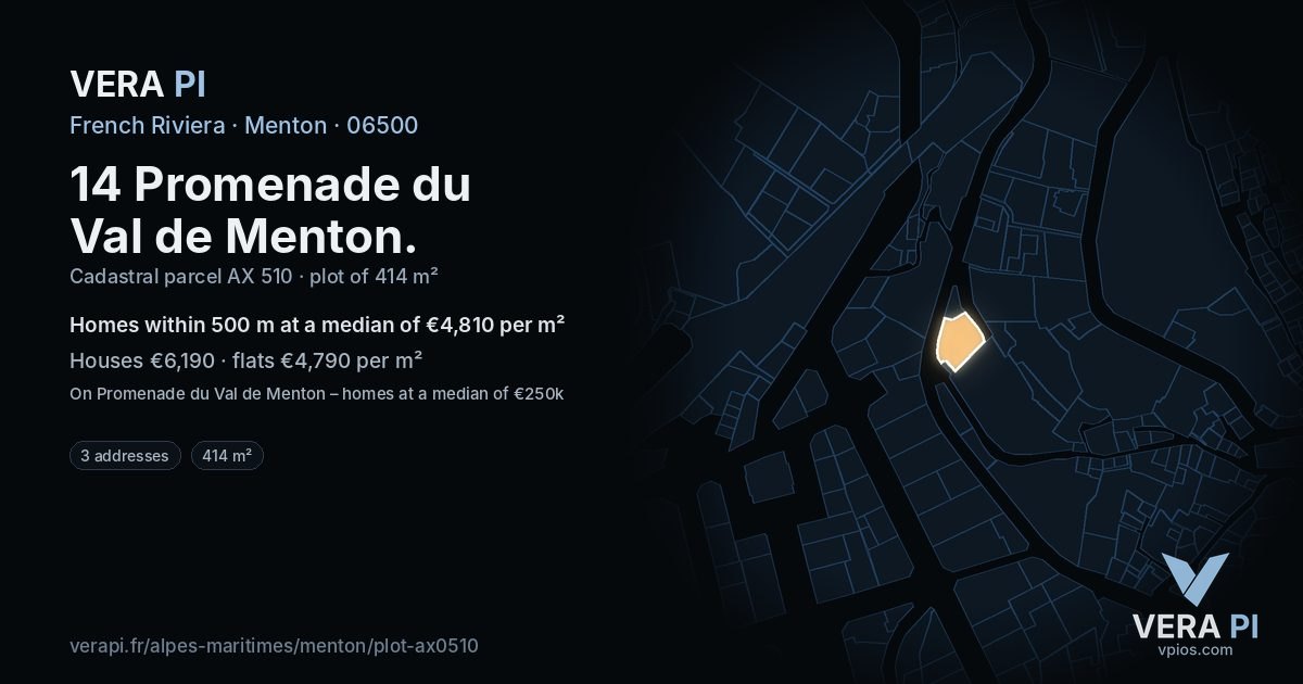 14 Promenade du Val de Menton, Menton at night – the plot lit, the parcels around coloured by the prices near them