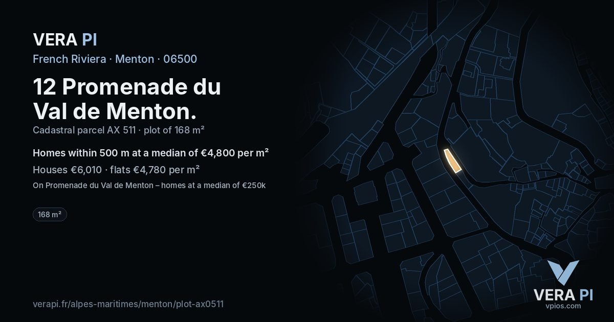 12 Promenade du Val de Menton, Menton at night – the plot lit, the parcels around coloured by the prices near them