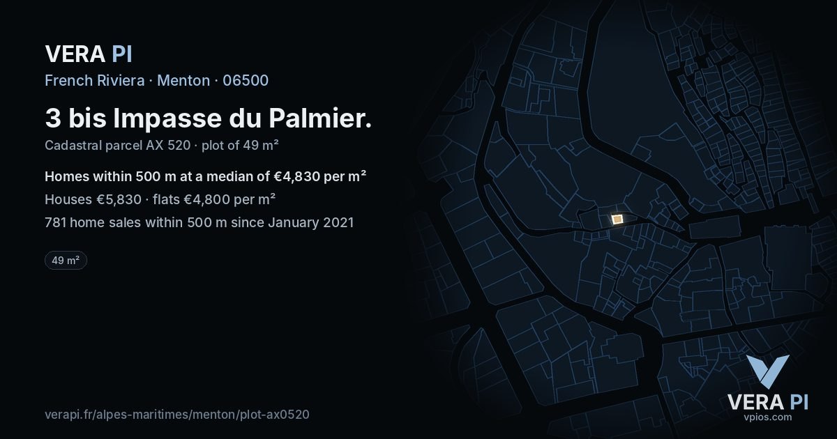 3 bis Impasse du Palmier, Menton at night – the plot lit, the parcels around coloured by the prices near them