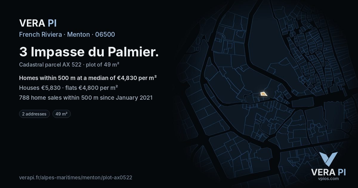 3 Impasse du Palmier, Menton at night – the plot lit, the parcels around coloured by the prices near them