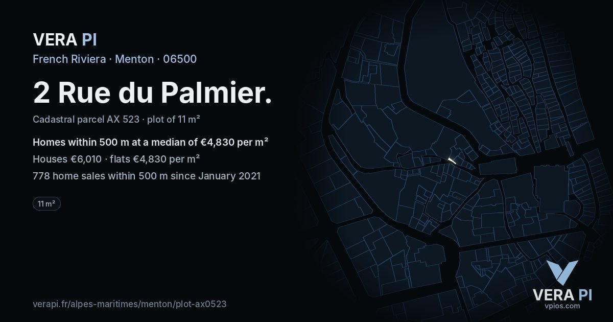 2 Rue du Palmier, Menton at night – the plot lit, the parcels around coloured by the prices near them