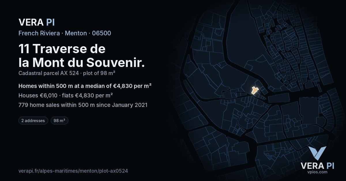 11 Traverse de la Mont du Souvenir, Menton at night – the plot lit, the parcels around coloured by the prices near them