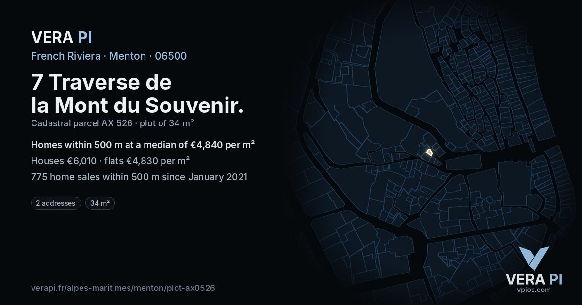 7 Traverse de la Mont du Souvenir, Menton at night – the plot lit, the parcels around coloured by the prices near them