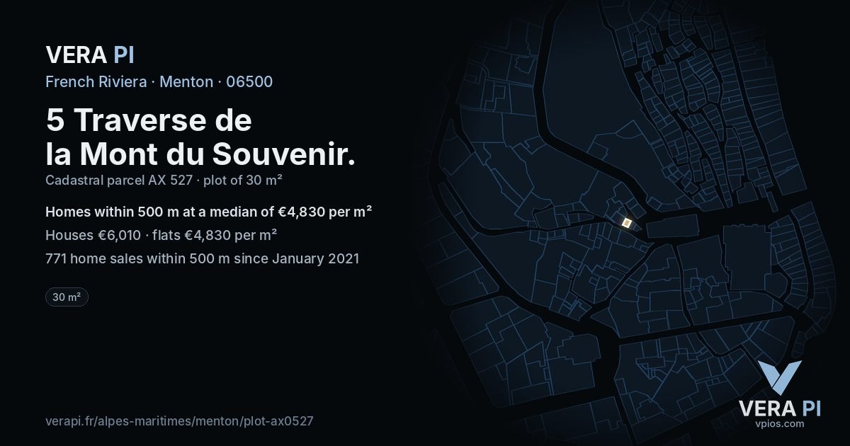 5 Traverse de la Mont du Souvenir, Menton at night – the plot lit, the parcels around coloured by the prices near them