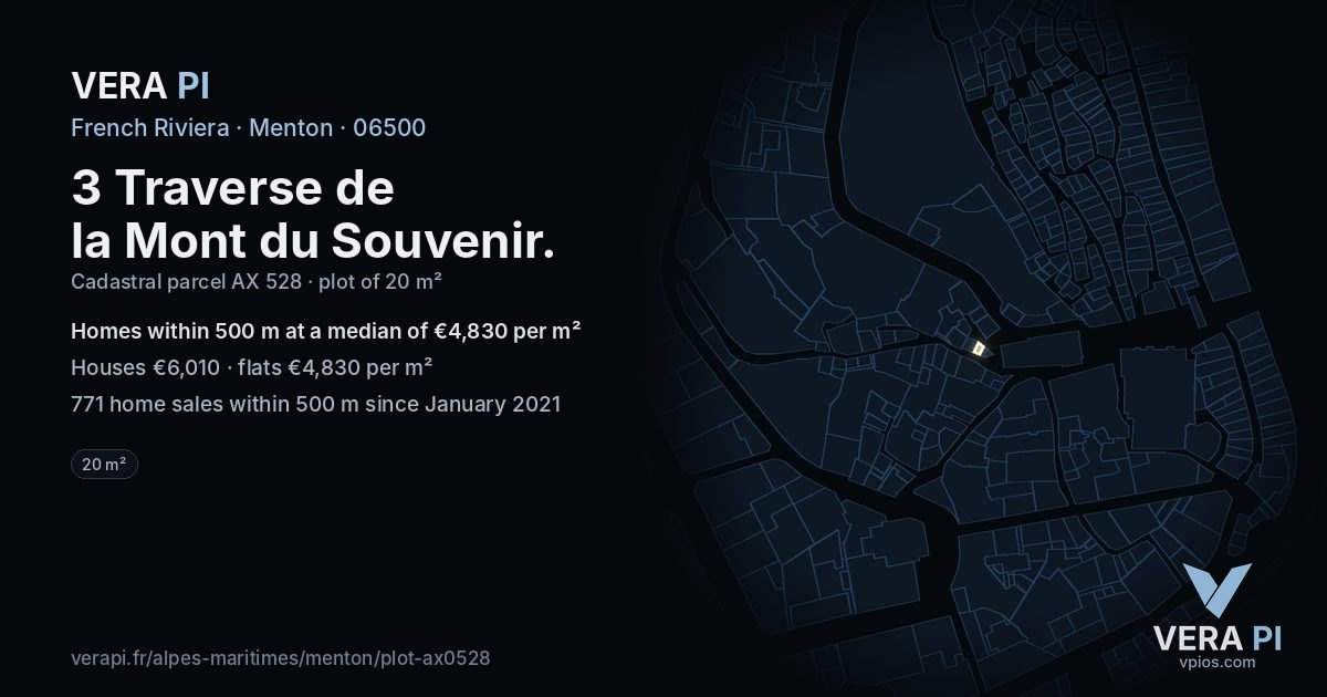 3 Traverse de la Mont du Souvenir, Menton at night – the plot lit, the parcels around coloured by the prices near them