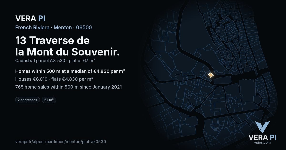13 Traverse de la Mont du Souvenir, Menton at night – the plot lit, the parcels around coloured by the prices near them