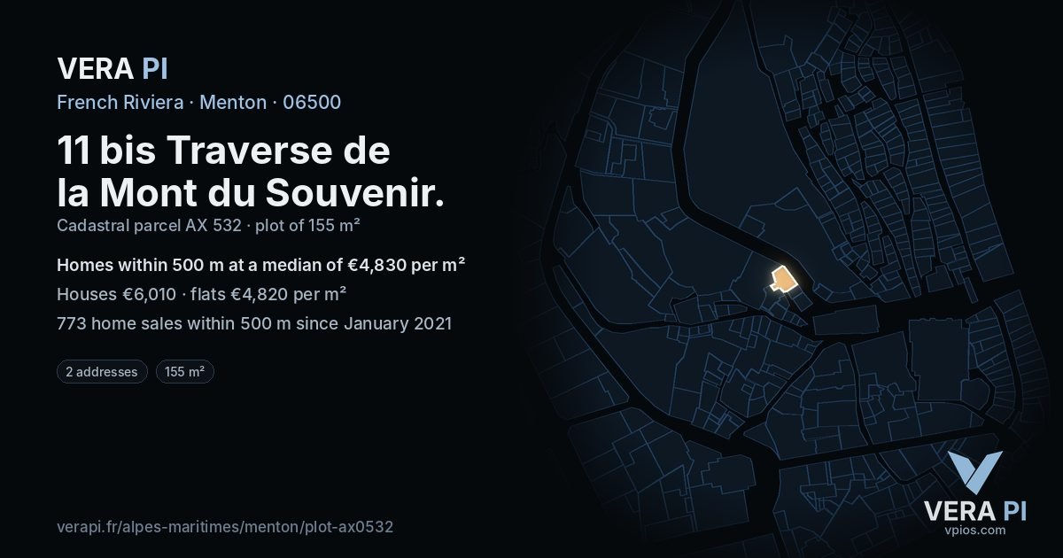 11 bis Traverse de la Mont du Souvenir, Menton at night – the plot lit, the parcels around coloured by the prices near them