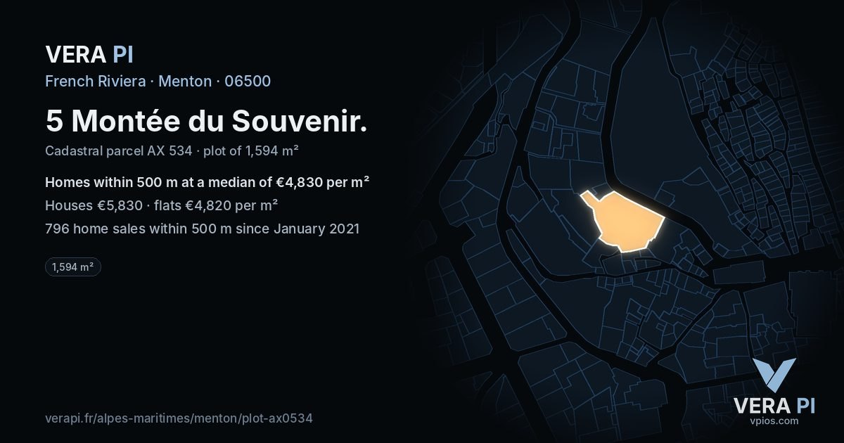 5 Montée du Souvenir, Menton at night – the plot lit, the parcels around coloured by the prices near them